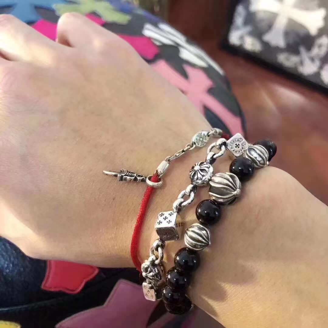 Chrome Hearts Sterling Silver Dice and Flower Bead Bracelet